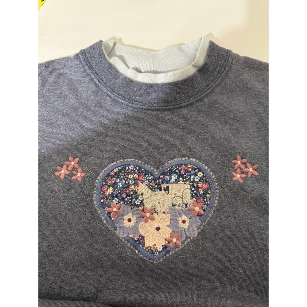 Vintage Lee‎ Sweatshirt Double Collar Embroidered Heart Floral Cottagecore Large